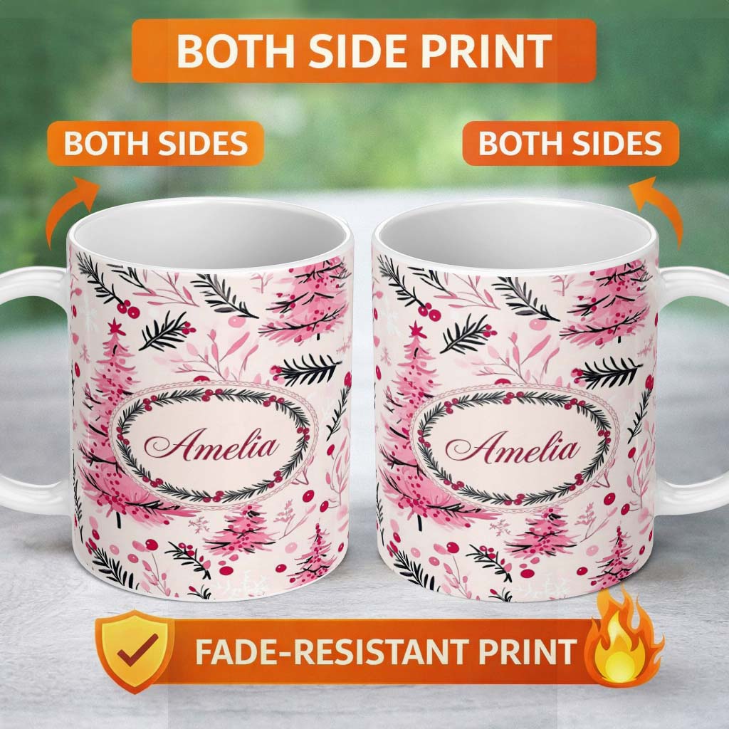 Personalized Custom Name Watercolor Pink Christmas Trees Berries Branches Seamless Pattern 11oz Ceramic Coffee Tea Mug White Large Handle