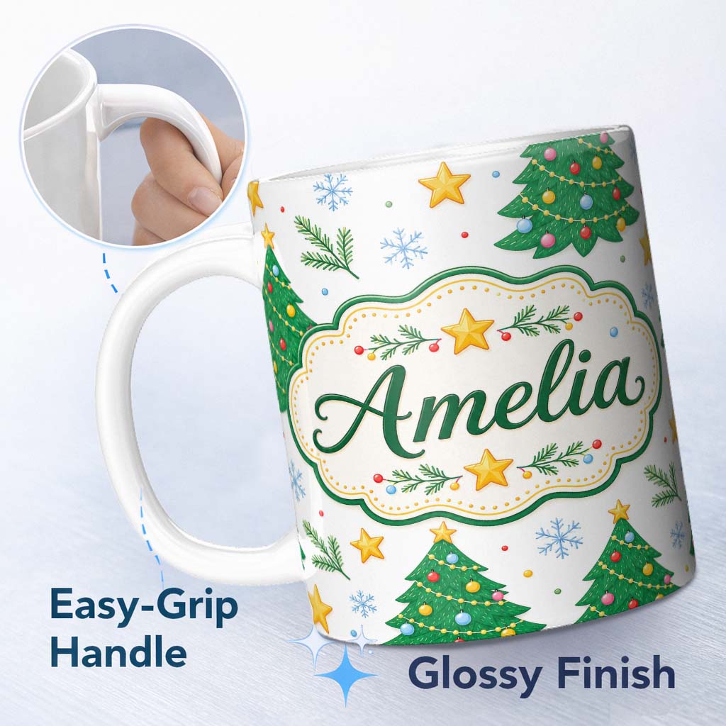 Personalized Custom Name Decorated Christmas Trees Stars Snowflakes Festive Seamless Pattern 11oz Ceramic Coffee Tea Mug White Large Handle