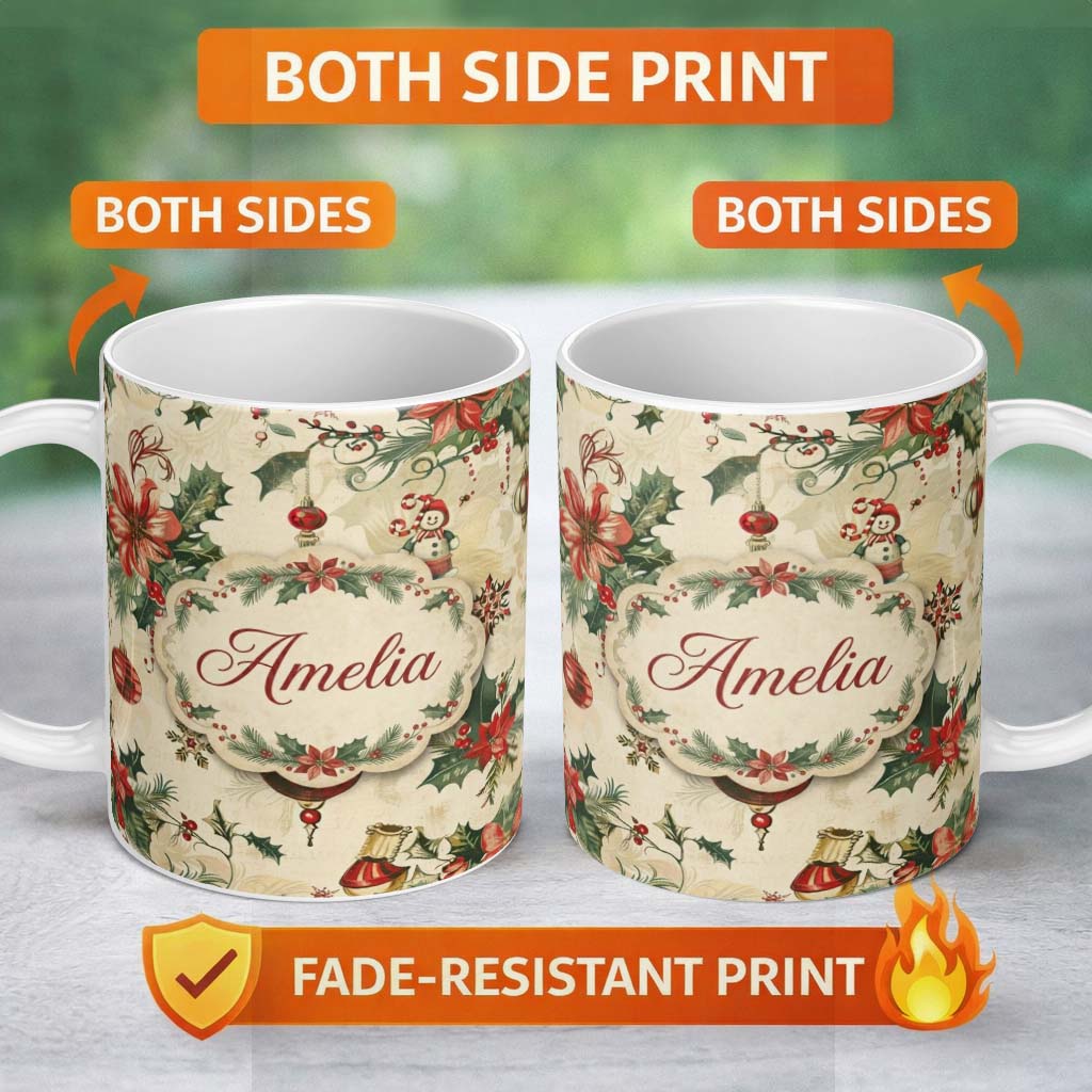 Personalized Custom Name Elegant Christmas Floral Holly Ornaments Snowflakes and Festive 11oz Ceramic Coffee Tea Mug White Large Handle