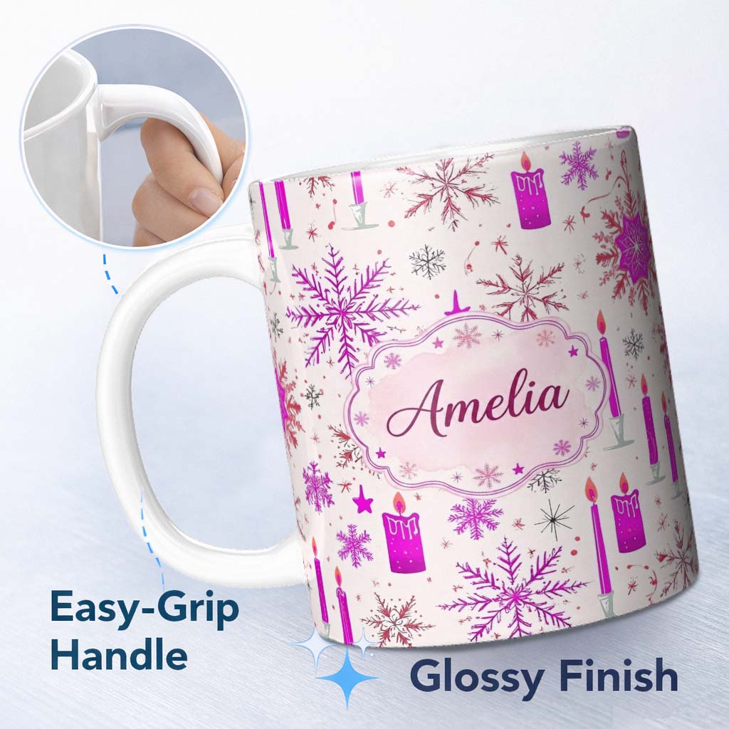 Personalized Custom Name Pink Snowflake Candle Winter Holiday Seamless Pattern Lovely 11oz Ceramic Coffee Tea Mug White Large Handle