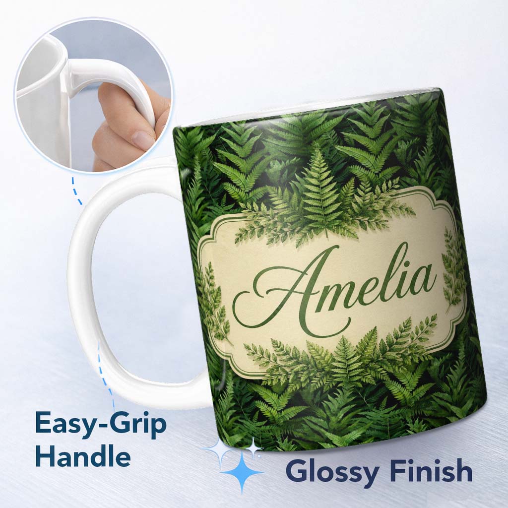Personalized Custom Name Lush Green Fern Jungle Seamless Botanical Pattern Cute Unique Gift 11oz Ceramic Coffee Tea Mug White Large Handle