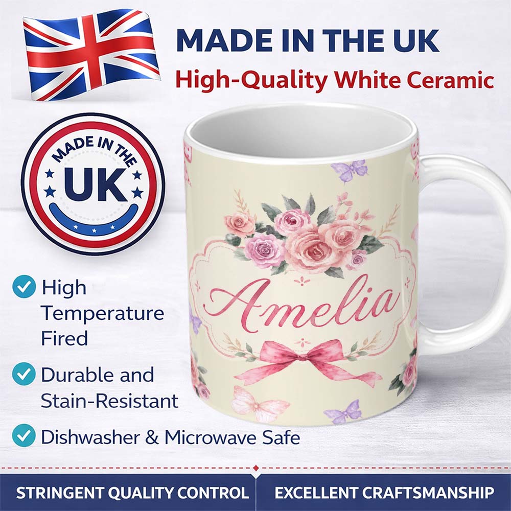 Personalized Custom Name Elegant Watercolor Rose Bouquet Ribbon Butterfly Warm Cream Lovely 11oz Ceramic Coffee Tea Mug White Large Handle