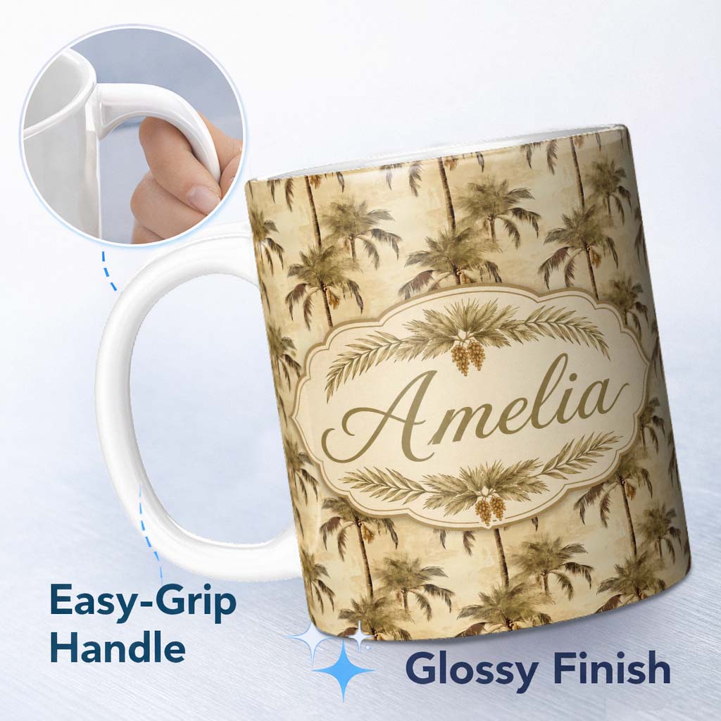 Personalized Custom Name Vintage Sepia Palm Tree Tropical Pattern on Beige Background Coastal 11oz Ceramic Coffee Tea Mug White Large Handle
