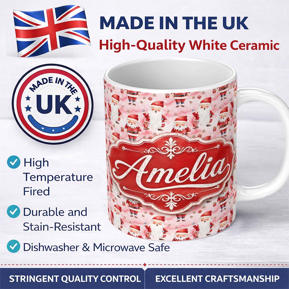 Personalized Custom Name Cute Cartoon Santa Pink Snow Gift Pattern Whimsical Christmas Lovely 11oz Ceramic Coffee Tea Mug White Large Handle