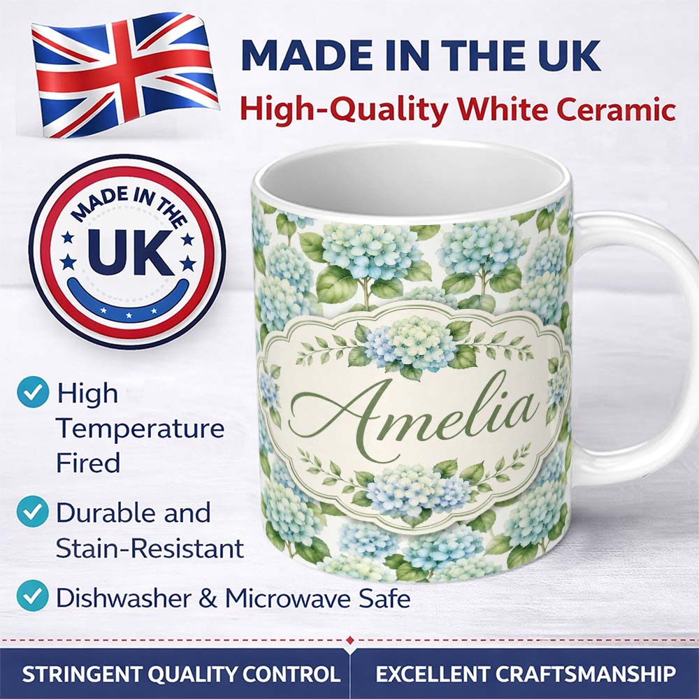 Personalized Custom Name Soft Aqua Blue Hydrangea Floral Seamless Pattern Cute Unique Gift 11oz Ceramic Coffee Tea Mug White Large Handle