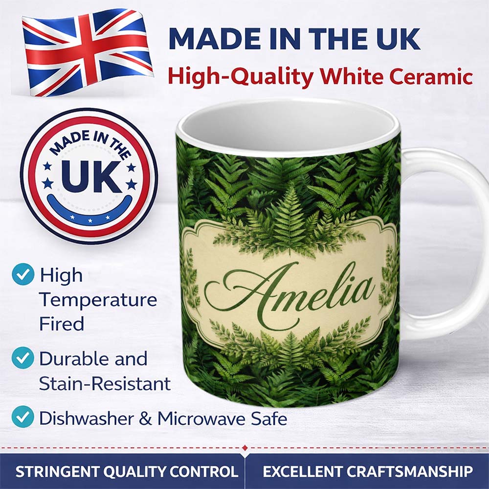 Personalized Custom Name Lush Green Fern Jungle Seamless Botanical Pattern Cute Unique Gift 11oz Ceramic Coffee Tea Mug White Large Handle