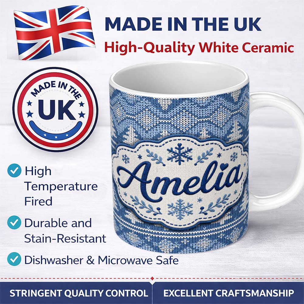 Personalized Custom Name Cute Blue Knitted Winter Heart Snowflake Nordic Seamless Pattern 11oz Ceramic Coffee Tea Mug White Large Handle