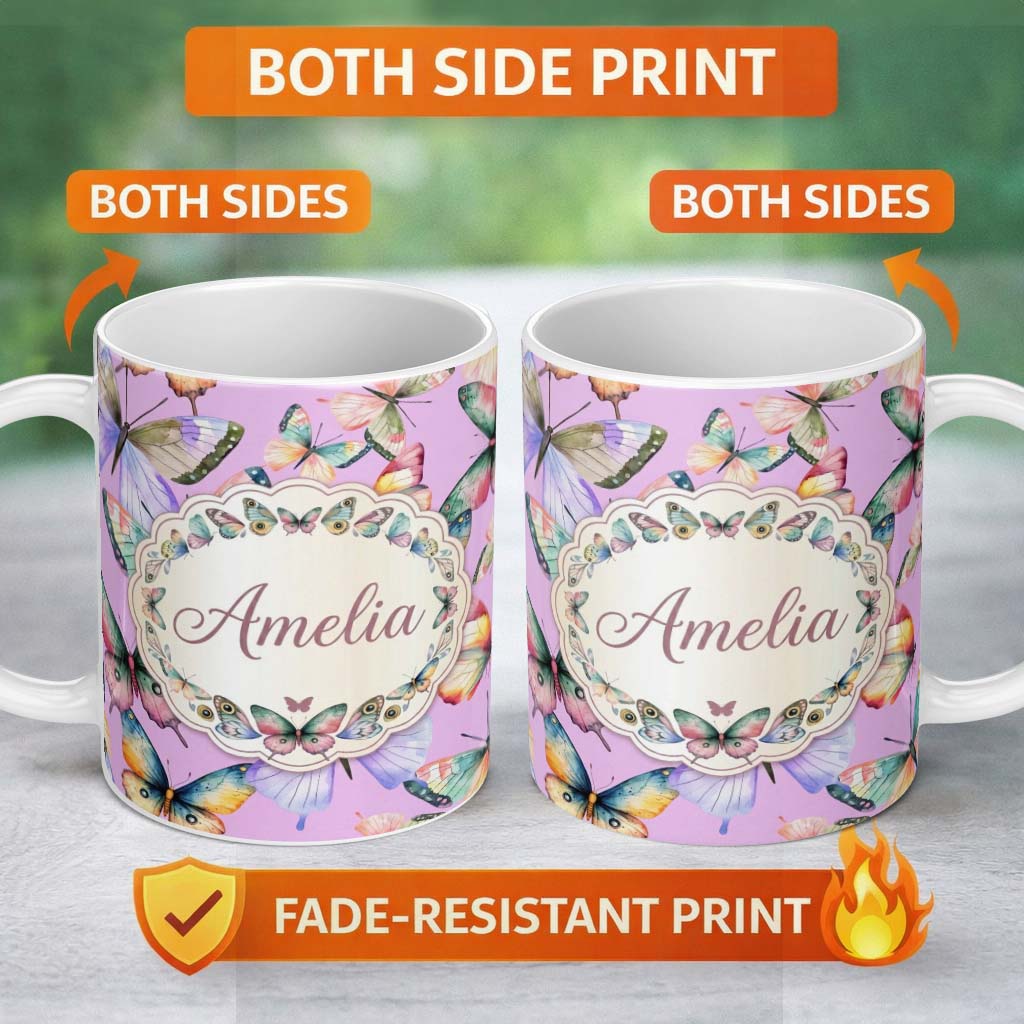 Personalized Custom Name Colorful Watercolor Butterflies on Lavender Background Seamless 11oz Ceramic Coffee Tea Mug White Large Handle