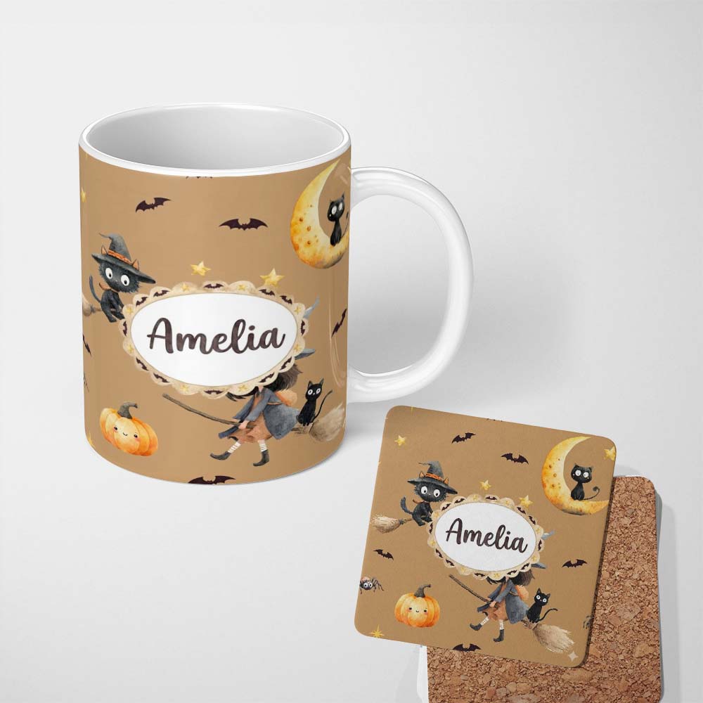 Personalized Custom Name Cute Halloween Witch Girl with Pumpkin Bats and Moon Warm Brown 11oz Ceramic Coffee Tea Mug White Large Handle