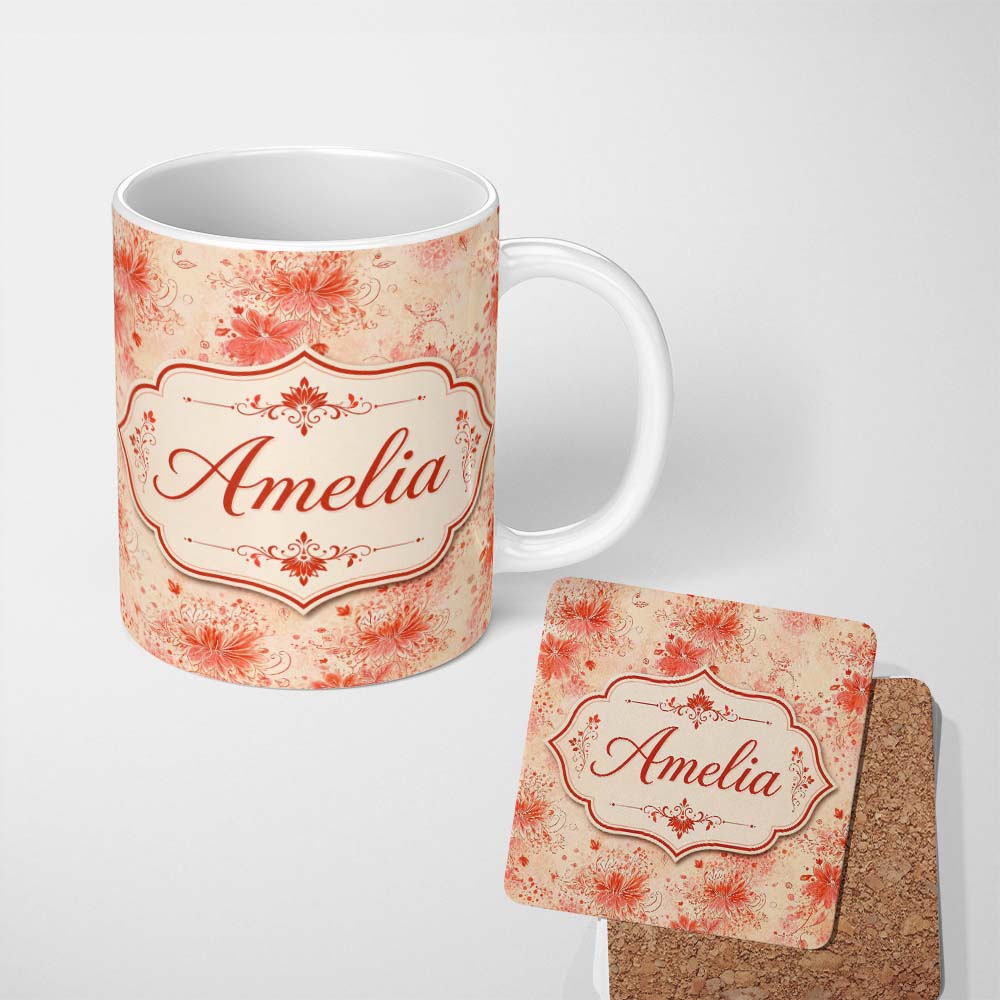 Personalized Custom Name Soft Red Floral Watercolour Blossom Seamless Pattern Lovely 11oz Ceramic Coffee Tea Mug White Large Handle