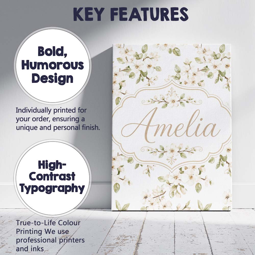 Personalised Name Soft White Blossom Floral Custom Bespoke Interior Contemporary Canvas Wall Art Print Decor Picture Ready to Hang