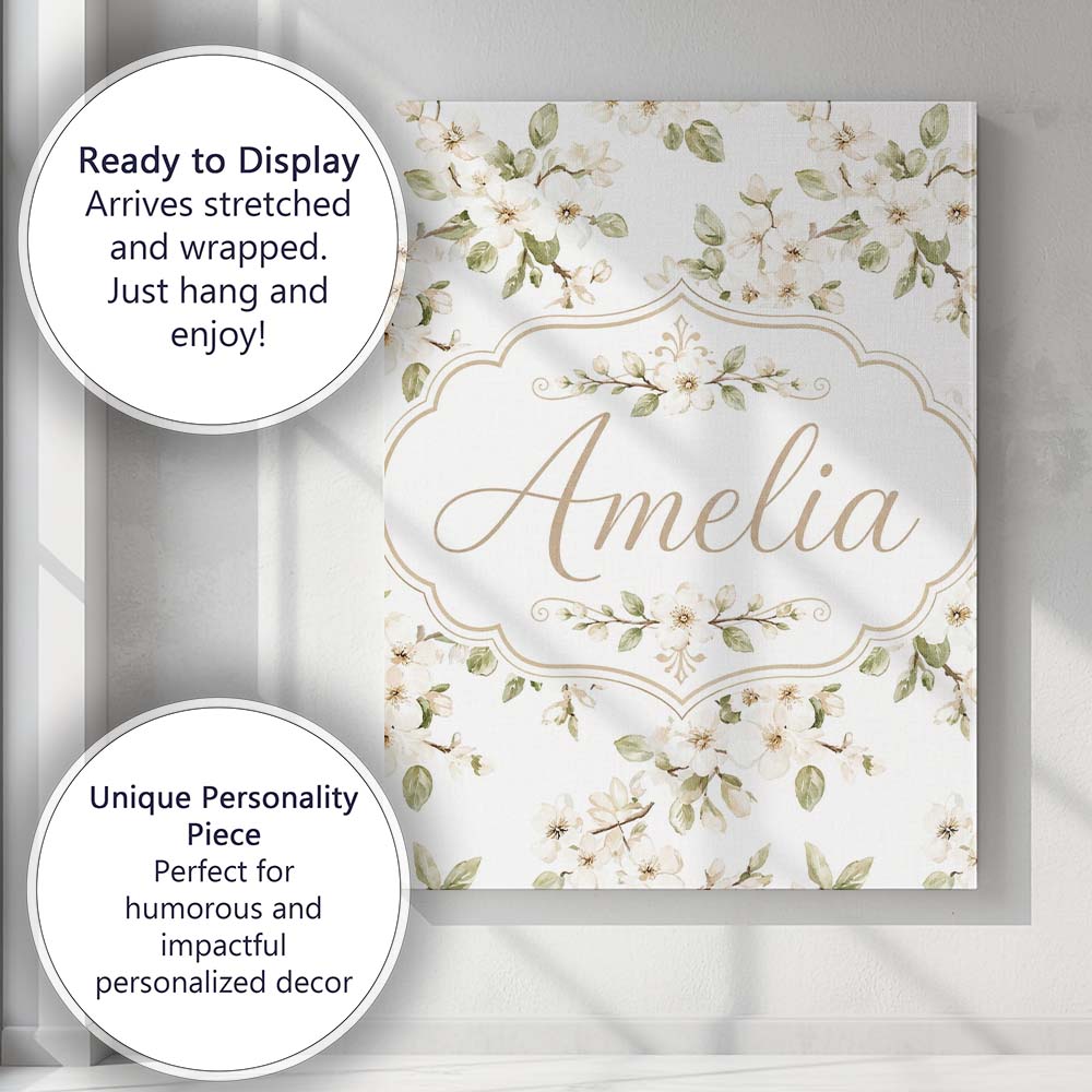 Personalised Name Soft White Blossom Floral Custom Bespoke Interior Contemporary Canvas Wall Art Print Decor Picture Ready to Hang