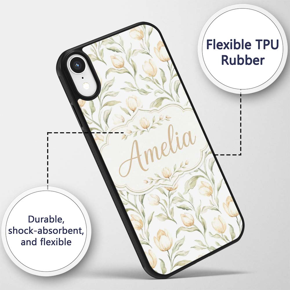 Elegant Neutral Tulip Botanical Seamless Pattern Custom Name Protective Phone Case Mobile Cover Durable Everyday Smartphone Shock Resistant