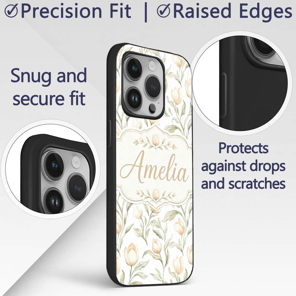 Elegant Neutral Tulip Botanical Seamless Pattern Custom Name Protective Phone Case Mobile Cover Durable Everyday Smartphone Shock Resistant