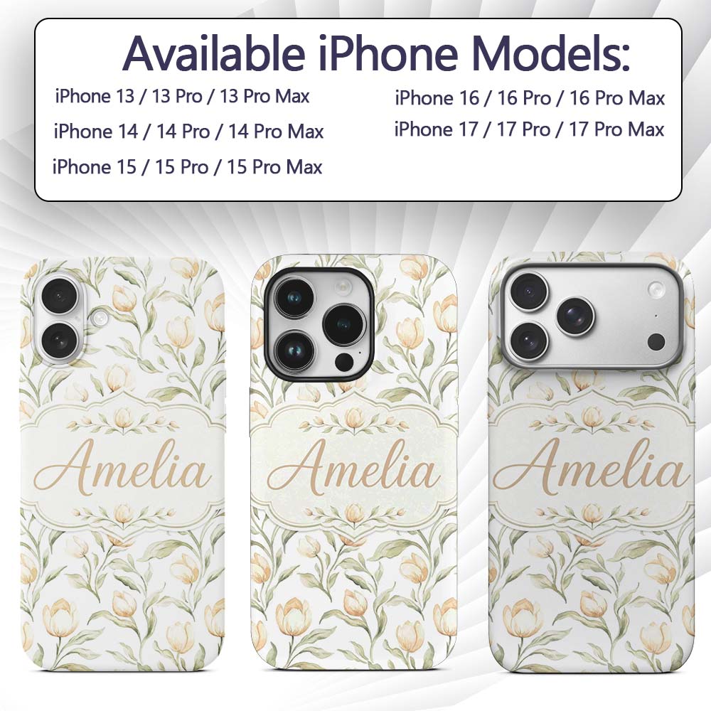 Elegant Neutral Tulip Botanical Seamless Pattern Custom Name Protective Phone Case Mobile Cover Durable Everyday Smartphone Shock Resistant