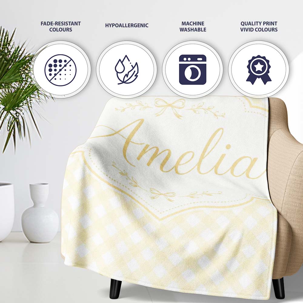 Soft Yellow Gingham Check Picnic Style Seamless Pattern Lovely Personalised Custom Name Super Soft Fleece Blanket Bed Sofa Throw