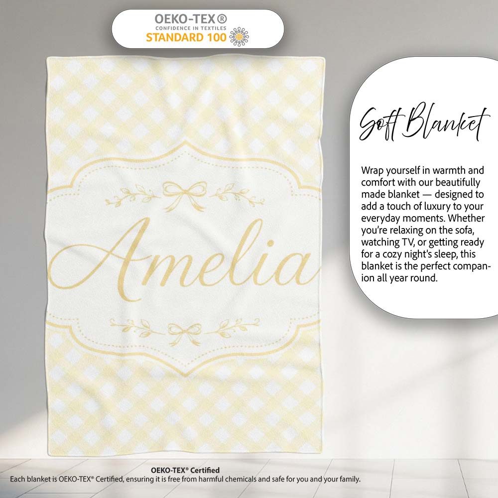 Soft Yellow Gingham Check Picnic Style Seamless Pattern Lovely Personalised Custom Name Super Soft Fleece Blanket Bed Sofa Throw
