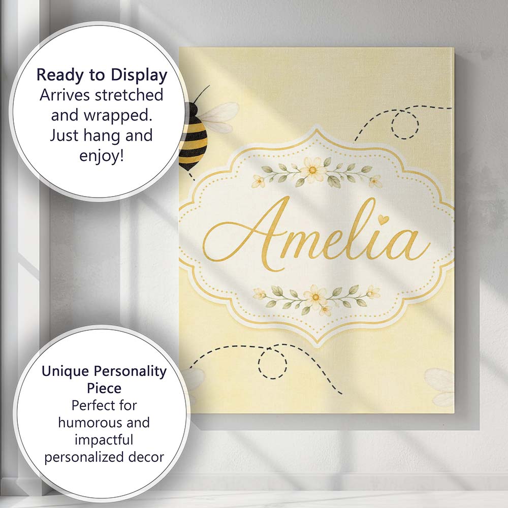 Personalised Name Cute Bumble Bee Flying Custom Unique Gift Idea Elegant Feature Canvas Wall Art Print Decor Picture Ready to Hang