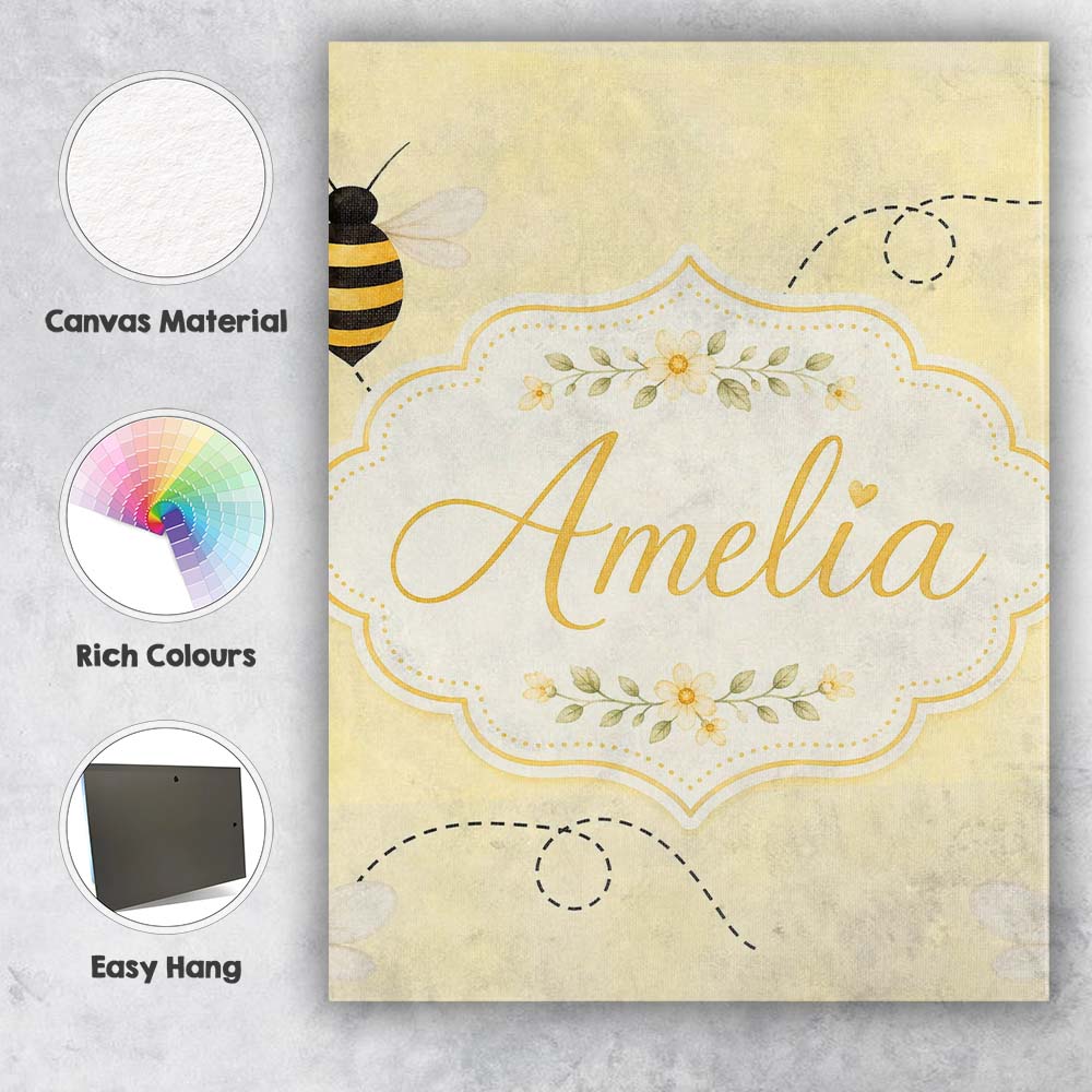 Personalised Name Cute Bumble Bee Flying Custom Unique Gift Idea Elegant Feature Canvas Wall Art Print Decor Picture Ready to Hang
