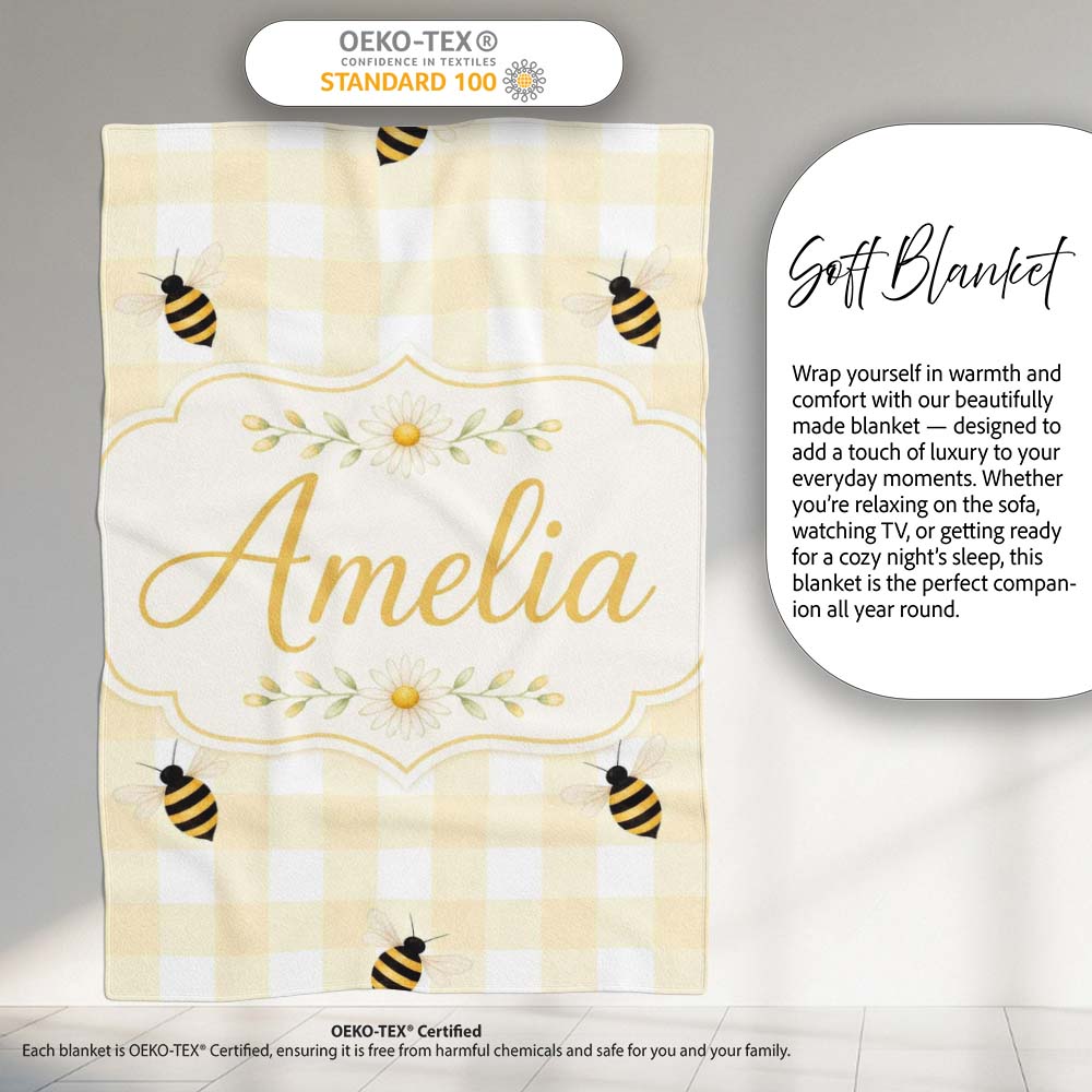 Bee and Yellow Gingham Picnic Cute Seamless Pattern Cute Unique Gift Personalised Custom Name Super Soft Fleece Blanket Bed Sofa Throw