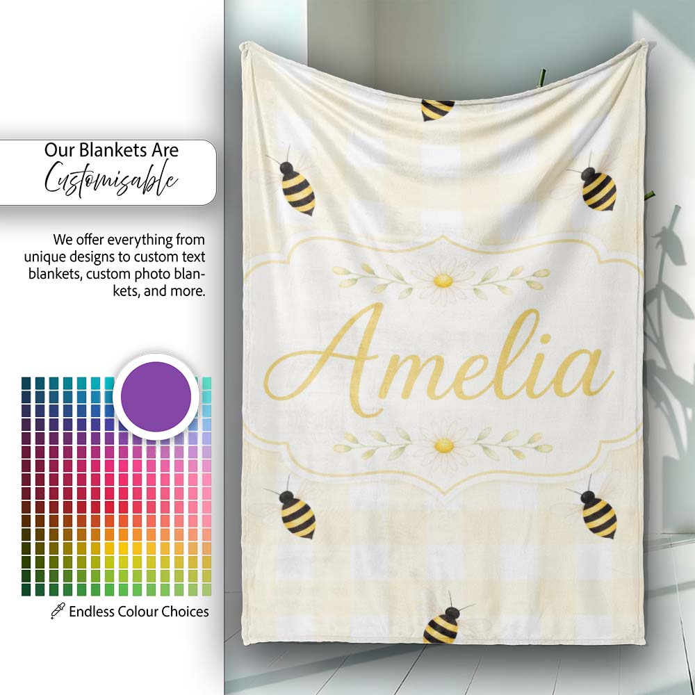 Bee and Yellow Gingham Picnic Cute Seamless Pattern Cute Unique Gift Personalised Custom Name Super Soft Fleece Blanket Bed Sofa Throw