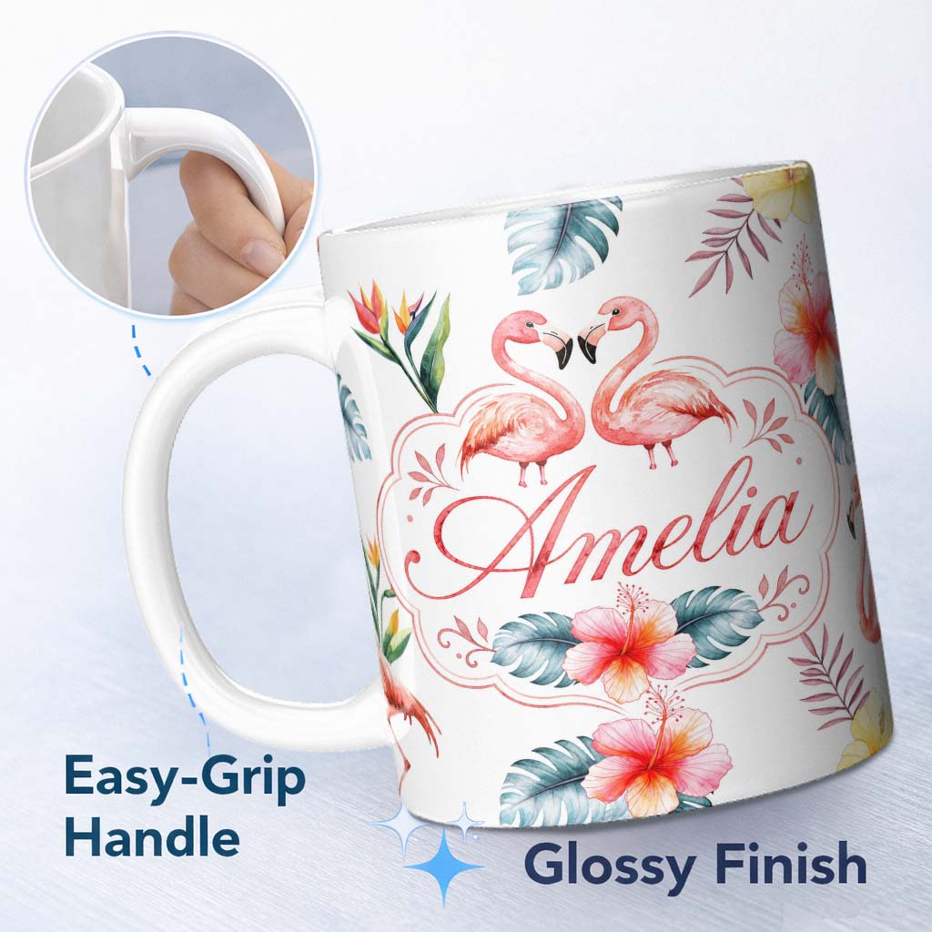 Personalized Custom Name Elegant Pink Flamingos Tropical Flowers on Pale Grey Background 11oz Ceramic Coffee Tea Mug White Large Handle