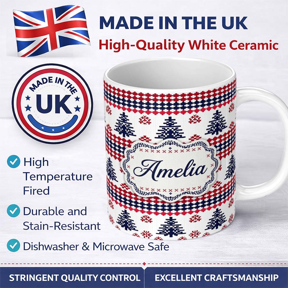 Personalized Custom Name Nordic Red Blue Christmas Tree Snowflake Seamless Pattern Lovely 11oz Ceramic Coffee Tea Mug White Large Handle