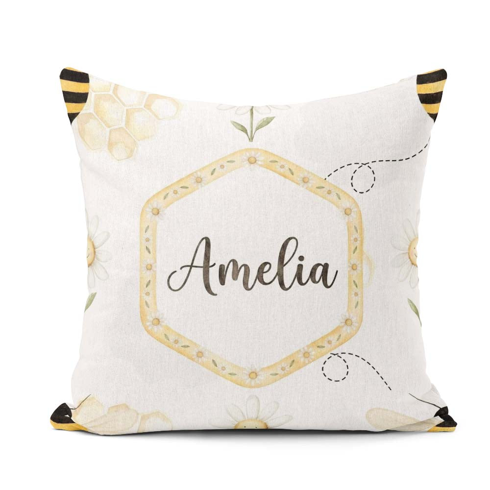 Custom Name Soft Honey Bee and Daisy Garden Seamless Pattern Square Filled Cushion Throw Pillow Sofa Bed Home Decor Zip Washable UK Made