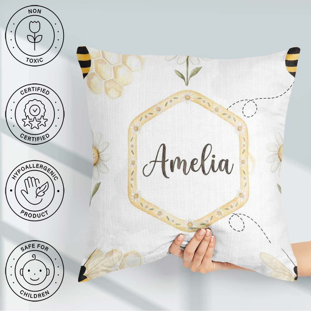 Custom Name Soft Honey Bee and Daisy Garden Seamless Pattern Square Filled Cushion Throw Pillow Sofa Bed Home Decor Zip Washable UK Made