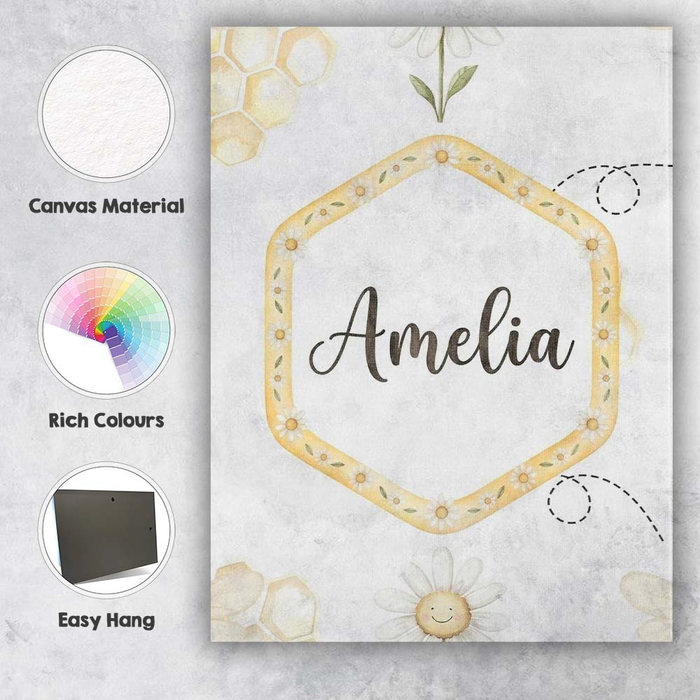 Personalised Name Soft Honey Bee and Daisy Custom Unique Gift Idea Elegant Feature Canvas Wall Art Print Decor Picture Ready to Hang