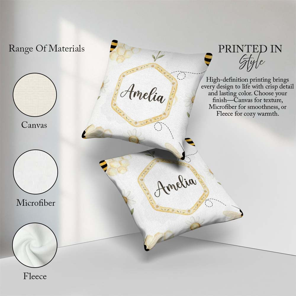 Custom Name Soft Honey Bee and Daisy Garden Seamless Pattern Square Filled Cushion Throw Pillow Sofa Bed Home Decor Zip Washable UK Made