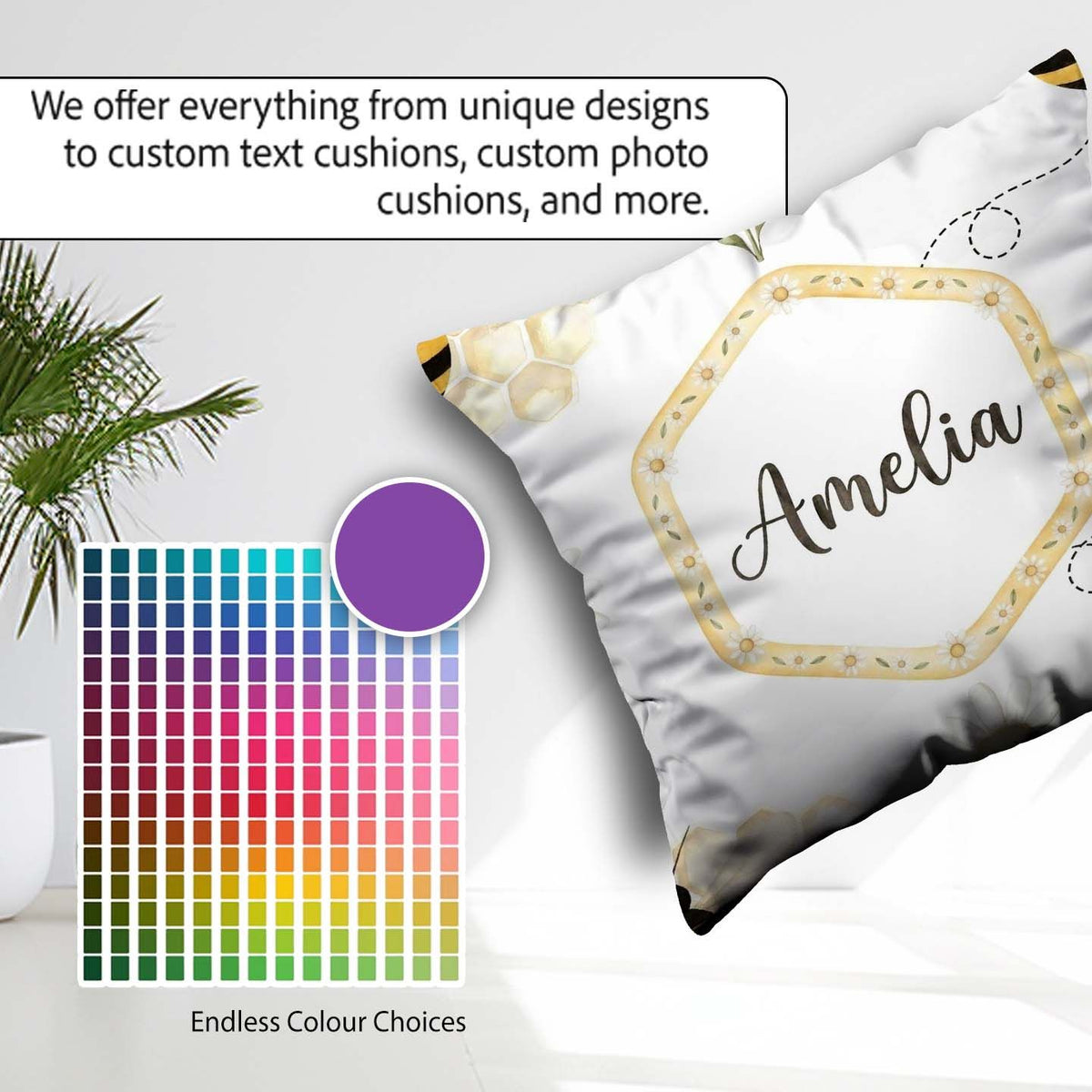 Custom Name Soft Honey Bee and Daisy Garden Seamless Pattern Square Filled Cushion Throw Pillow Sofa Bed Home Decor Zip Washable UK Made