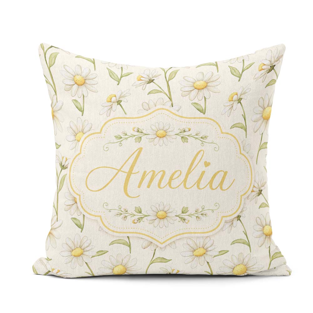 Custom Name Delicate White Daisy Floral Botanical Pattern Lovely Square Filled Cushion Throw Pillow Sofa Bed Home Decor Zip Washable UK Made