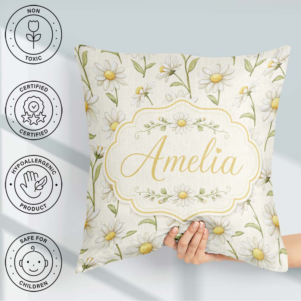 Custom Name Delicate White Daisy Floral Botanical Pattern Lovely Square Filled Cushion Throw Pillow Sofa Bed Home Decor Zip Washable UK Made