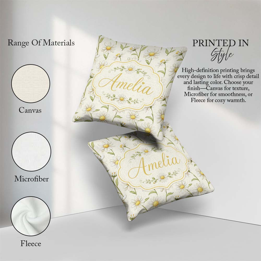 Custom Name Delicate White Daisy Floral Botanical Pattern Lovely Square Filled Cushion Throw Pillow Sofa Bed Home Decor Zip Washable UK Made