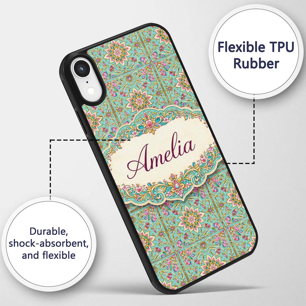 Teal Pink Mandala Floral Tile Pattern Decorative Custom Name Protective Phone Case Mobile Cover Durable Everyday Smartphone Shock Resistant