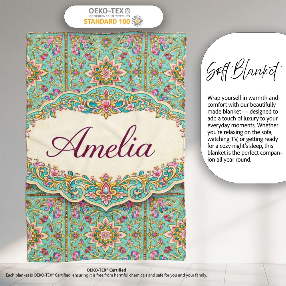 Teal Pink Mandala Floral Tile Pattern Decorative Symmetry Lovely Personalised Custom Name Super Soft Fleece Blanket Bed Sofa Throw