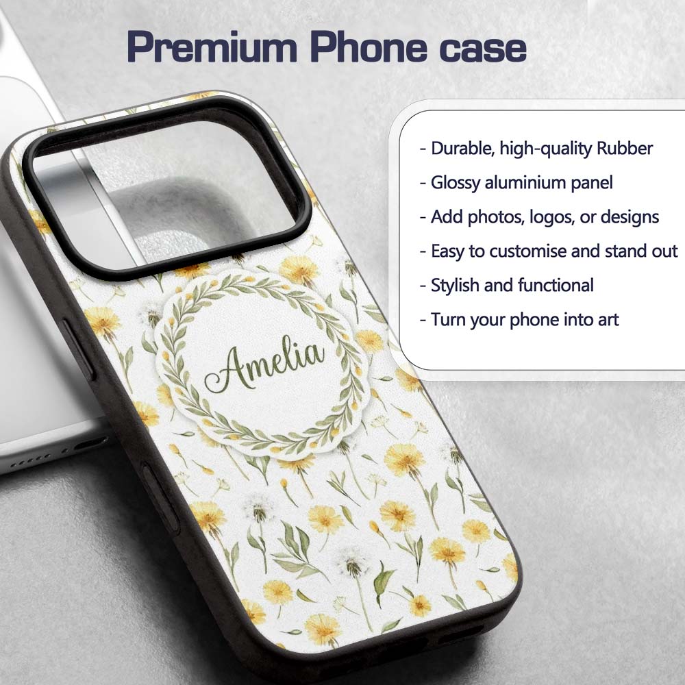 Yellow Dandelion Wildflower Botanical Seamless Custom Name Protective Phone Case Mobile Cover Durable Everyday Smartphone Shock Resistant