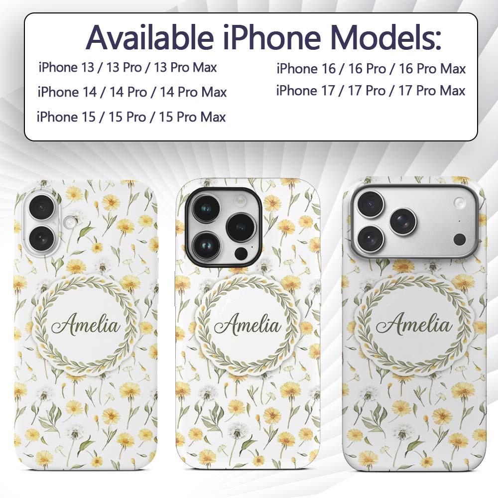 Yellow Dandelion Wildflower Botanical Seamless Custom Name Protective Phone Case Mobile Cover Durable Everyday Smartphone Shock Resistant