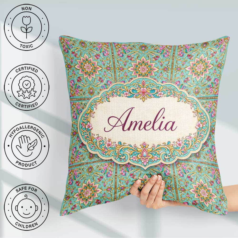 Custom Name Teal Pink Mandala Floral Pattern Decorative Symmetry Square Filled Cushion Throw Pillow Sofa Bed Home Decor Zip Washable UK Made