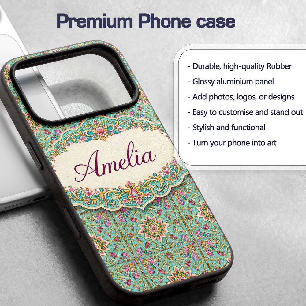 Teal Pink Mandala Floral Tile Pattern Decorative Custom Name Protective Phone Case Mobile Cover Durable Everyday Smartphone Shock Resistant