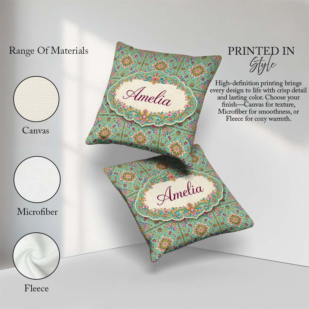 Custom Name Teal Pink Mandala Floral Pattern Decorative Symmetry Square Filled Cushion Throw Pillow Sofa Bed Home Decor Zip Washable UK Made