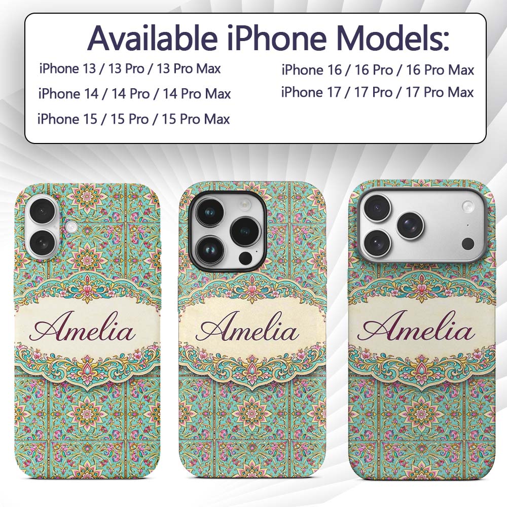 Teal Pink Mandala Floral Tile Pattern Decorative Custom Name Protective Phone Case Mobile Cover Durable Everyday Smartphone Shock Resistant