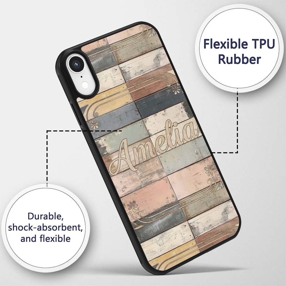 Pastel Painted Wooden Plank Shabby Chic Seamless Custom Name Protective Phone Case Mobile Cover Durable Everyday Smartphone Shock Resistant