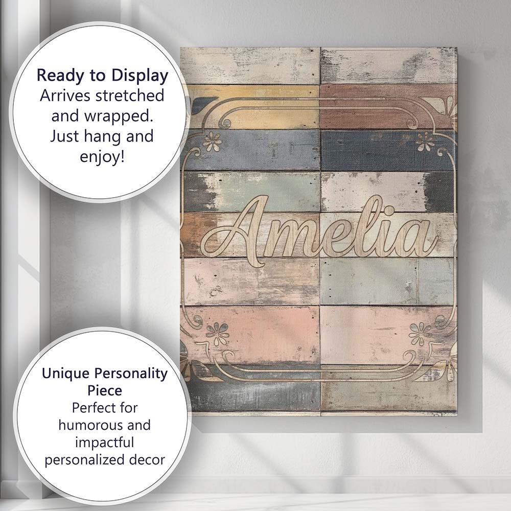 Personalised Name Pastel Painted Wooden Custom Modern Room Accent Elegant Feature Canvas Wall Art Print Decor Picture Ready to Hang