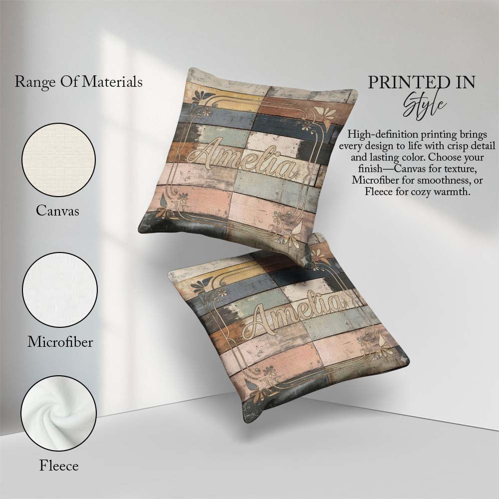 Custom Name Pastel Painted Wooden Plank Shabby Seamless Pattern Square Filled Cushion Throw Pillow Sofa Bed Home Decor Zip Washable UK Made