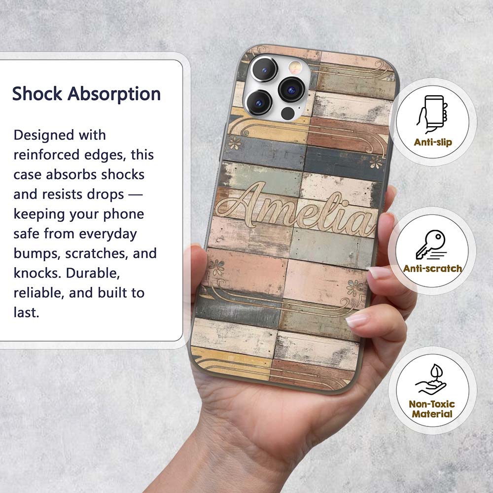 Pastel Painted Wooden Plank Shabby Chic Seamless Custom Name Protective Phone Case Mobile Cover Durable Everyday Smartphone Shock Resistant