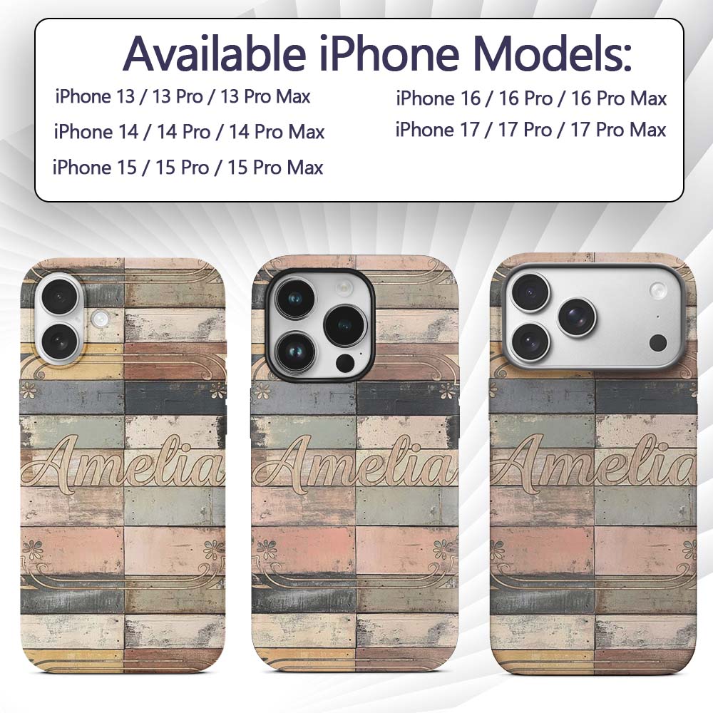 Pastel Painted Wooden Plank Shabby Chic Seamless Custom Name Protective Phone Case Mobile Cover Durable Everyday Smartphone Shock Resistant