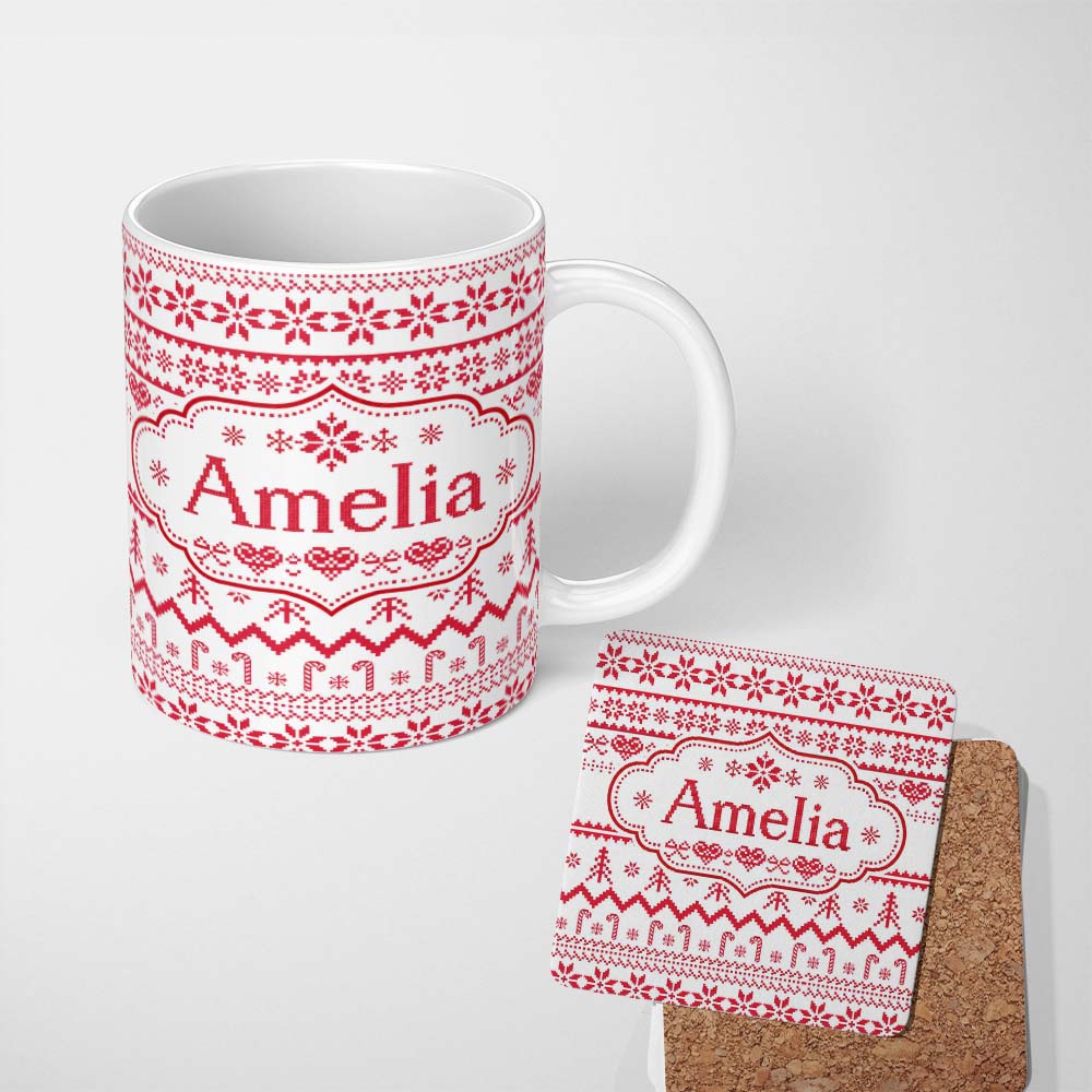 Personalized Custom Name Scandinavian Red Nordic Knit Snowflake Pattern Seamless Pattern 11oz Ceramic Coffee Tea Mug White Large Handle
