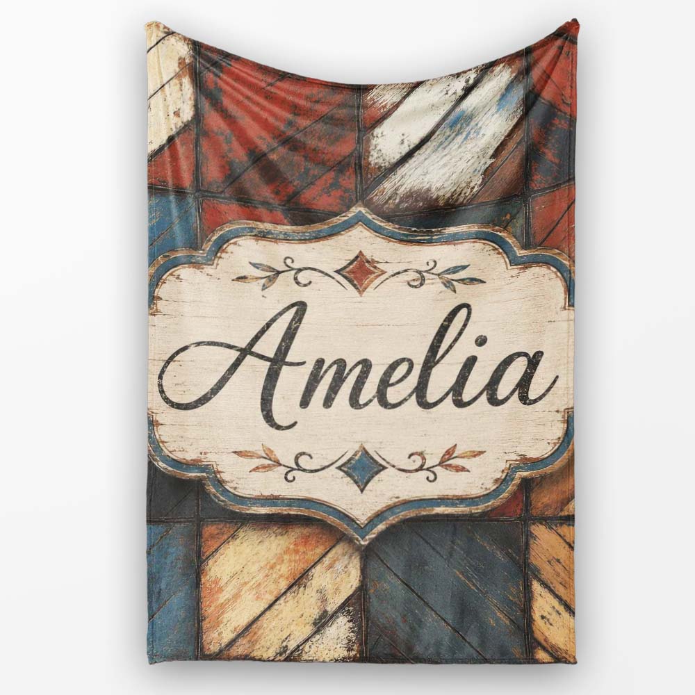 Rustic Multicolor Wood Tile Geometric Patchwork Seamless Pattern Personalised Custom Name Super Soft Fleece Blanket Bed Sofa Throw